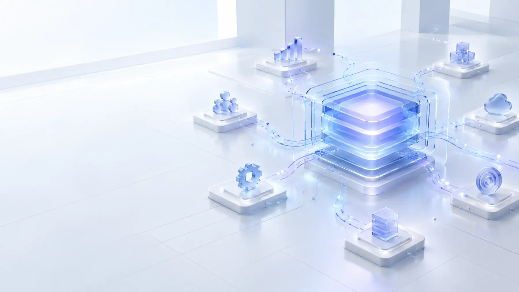 A luminous layered core connecting enterprise transformation workstreams