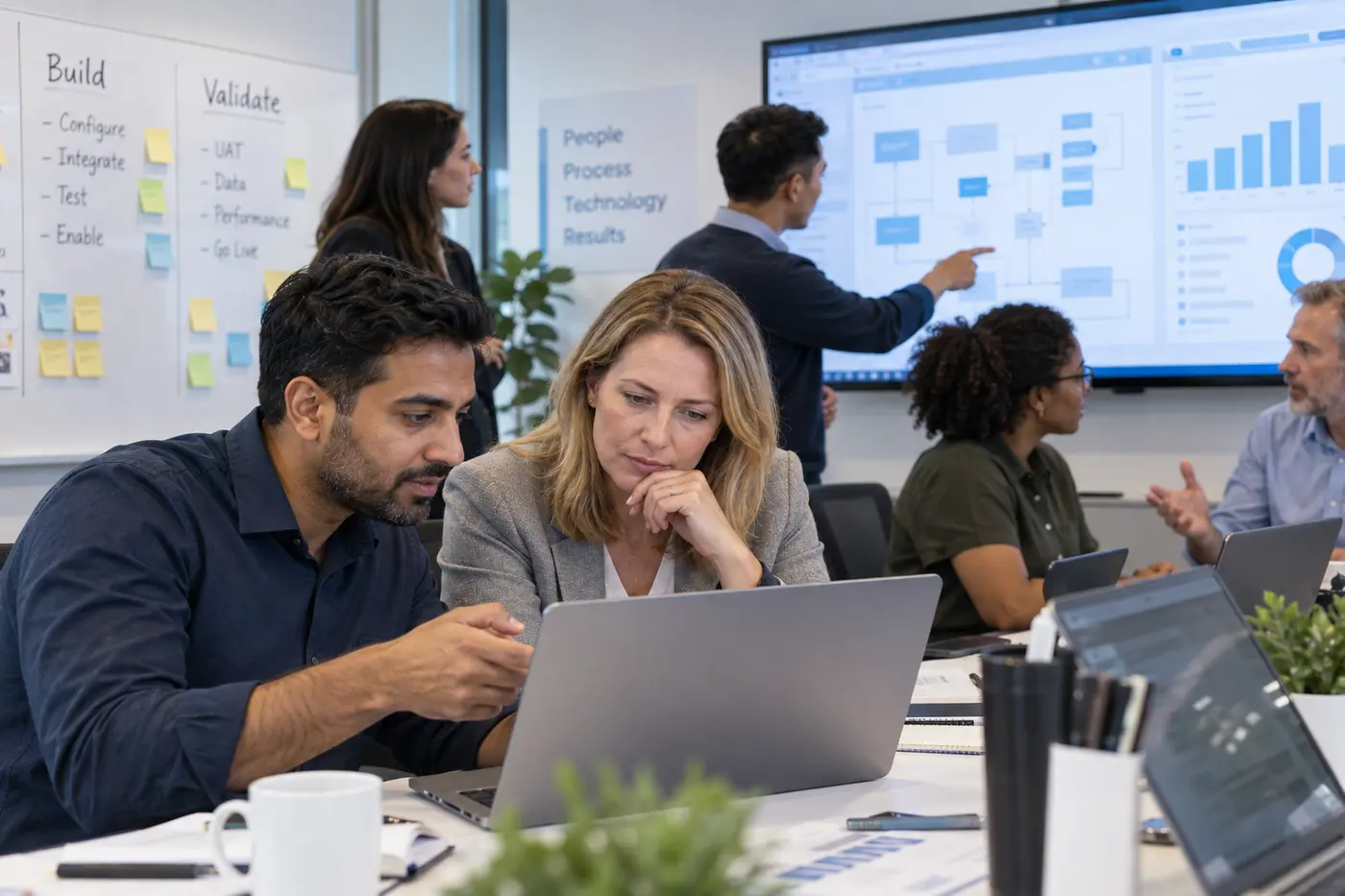 Business and technology specialists resolving an implementation issue together